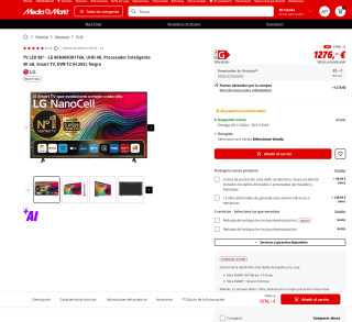 TV LED 86" LG 86NANO81T6A UHD 4K Procesador Inteligente 4K α8 Smart TV DVB-T2 por 1,276€