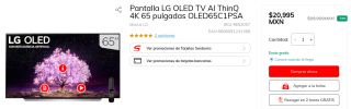 Pantalla LG OLED TV AI ThinQ 4K 65" a $18,895 en Sanborns