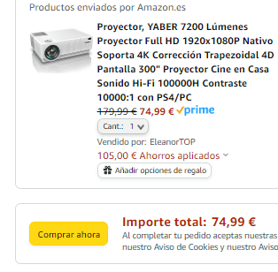 Proyector YABER 7200 Lúmenes Proyector Full HD 1920x1080P Nativo Soporta 4K por 74,99€