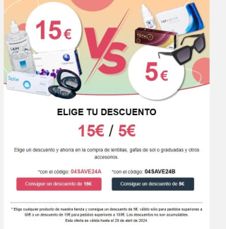 15€ o 5€ de descuento en tu compra de lentillas