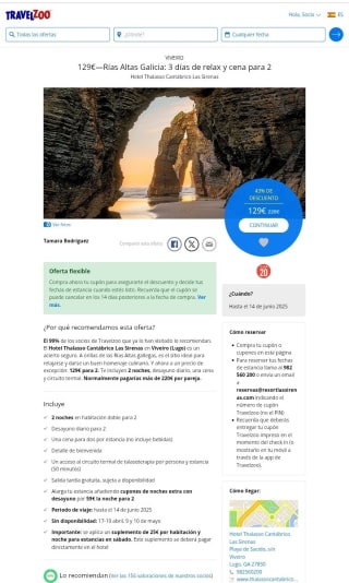 Rías Altas Galicia 3 días + Cena para 2 por 129€.