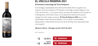 6 Botellas de El Vínculo Reserva 2021 por 39.5€