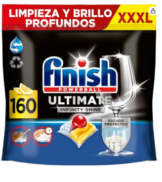 Finish Powerball Ultimate Infinity Shine, pastillas para el lavavajillas con protección de la vajilla, Limón, 160 pastillas por 17.54€