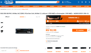 Memória SSD de 256GB da PNY - R$ 112,99
