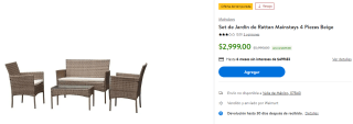 Set de Jardín de Rattan Mainstays 4 Piezas Beige por $2,999 en Walmart