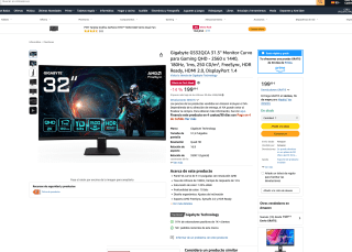 Monitor Gigabyte GS32QCA 31.5" Curvo QHD 180Hz por solo 199,99€