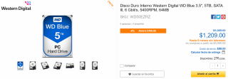 Disco Interno Western Digital Blue 5TB a $1,209 en CyberPuerta