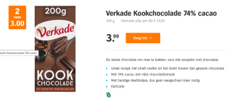 Alle Verkade Chocolade €3 voor 2 stuks, ook de Kookchocolade bij AH