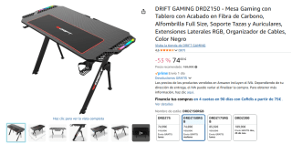 Drift Mesa Gaming con Tablero con Acabado en Fibra de Carbono por 74,69€