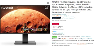 Monitor de Juegos de 22" con Altavoces Integrados KOORUI , 100Hz, Pantalla 1080p, Colgante, Sin Marco, HDMI, Inclinable, Cuidado de los Ojos, Montaje en Pared VESA por 79€