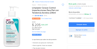 Limpiador Cerave Control Imperfecciones Piel Acnéica por $318.16 en Mercado Libre