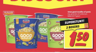 2 bekers Unox Good Pasta / noodles, voor €1,50 bij Nettorama