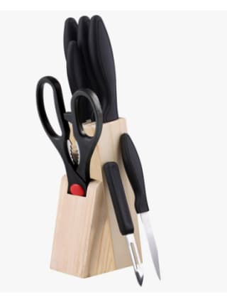 Set de 5 cuchillos en acero inoxidable + tijeras + pelador + tacoma de madera por 8,92€