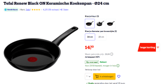 Tefal Renew Black ON keramische koekenpan 24 cm - inductie voor €14,30 bij Bol.com