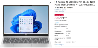 HP Pavilion 16-af0040nd Ultra 7-155U,16/1TB oor €799,99 met Amazon prime