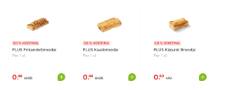 50% korting op een Kaas-, frikandel- of kipsatébroodje bij de Plus