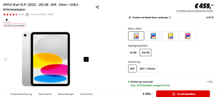 APPLE iPad 10.9" (2022) - 256 GB - Wifi - Zilver + USB-C-voor €459 bij de Mediamarkt