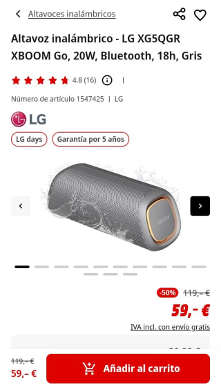 Altavoz Inalámbrico LG Xboom por 59€.