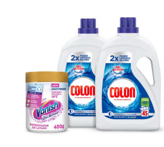 Colon Gel Activo Detergente Lavadora 90 lavados + Vanish Oxi Action Advance Quitamanchas 400g Polvo White Ropa Blanca por 25,95€