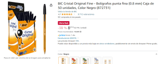 Pack 50 boligrafos BIC Cristal Original Fine color negro por 8,37€
