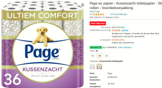 Page toiletpapier - 36 rollen - Kussenzacht wc papier (3-laags) - voordeelverpakking voor €14,99 bij Amazon