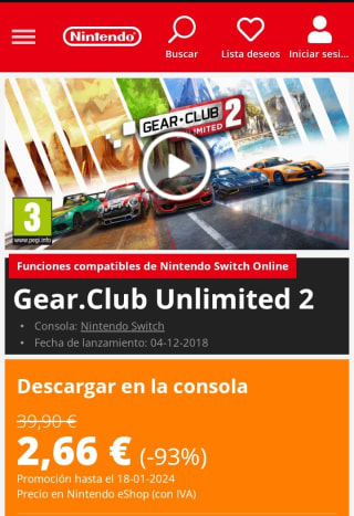 Gear.Club Unlimited 2 Nintendo Switch por 2,66€.