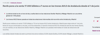 Renfe: 17.000 billetes a 7€ en los trenes AVLO de Andalucía desde el 01/06