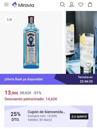Bombay Sapphire Premium London Dry Gin 1L por 10,42€.