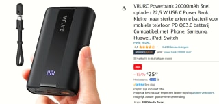 VRURC Powerbank 20000mAh 22,5 W voor €25,49 bij Amazon