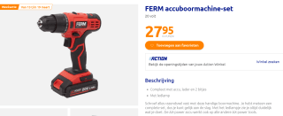 FERM accuboormachine-set met accu, lader en 2 bitjes voor €27,95 bij de Action