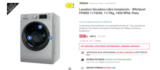 Lavasecadora Whirlpool FFWDD 1174269, 11/7Kg, 1400 RPM por 488€