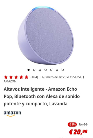 Altavoz inteligente - Amazon Echo Pop, Bluetooth con Alexa por 19,92€.