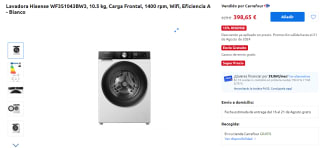 Lavadora Hisense WF3S1043BW3, 10.5 kg, Carga Frontal, 1400 rpm, Wifi, Eficiencia A por 398,65€