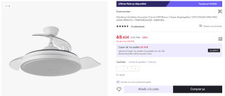 Ventilador de techo con luz led, motor DC, color blanco, aspas retráctiles, mando a distancia, temporizador, memoria de luz, 3 tonalidades y 6 velocidades por 53.43€