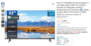 Metz 32" MTE6000 2K Smart Google TV con Dolby Audio, HDR 10 y Trochilus Extreme 2.0 Integrados por 139,99€