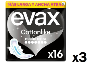 3 Paquetes de EVAX Cottonlike compresa con alas noche extra bolsa 16 unidades por 8.57€