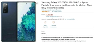 Galaxy S20 FE 5G 128GB Reacondicionado a $5,069 en Amazon