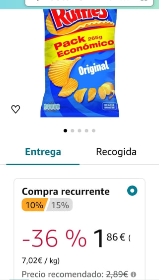 Ruffles Original Patatas Fritas onduladas con sal 265gr.por 1,86€.