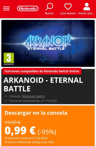 Arkanoid Eternal Battle Nintendo Switch por 0,99€.