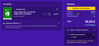 Tarjeta Regalo Xbox Live de 25€ por 19,23€