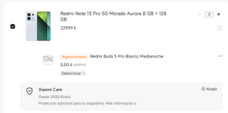 Xiaomi Redmi Note 13 pro 5G 8GB/128GB + Auriculares Redmi Buds 5 Pro por 179,99€