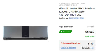 Minisplit Inverter AUX 1 Tonelada 12000BTU por $6,529 en Elektra