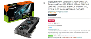 Tarjeta gráfica Gigabyte NVIDIA GeForce RTX 4060 EAGLE OC 8GB GDDR6, 128-bit, PCI-E 4.0 por 295,99€