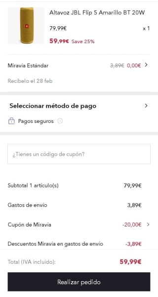 JBL Altavoz Flip 5 20w por 59,99€.