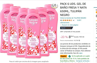 PACK 6 UDS. Gel de baño fresa y nata 650ML, Tulipán Negro por 7,27€