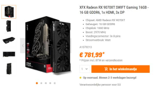 XFX Swift AMD Radeon RX 9070 XT Triple Fan Gaming Edition - Videokaart - 16GB voor €781,93 bij Nbb