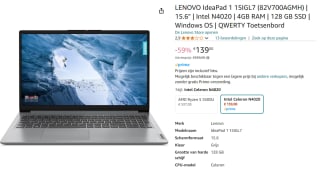 Lenovo IdeaPad 1 15IGL7 Intel Celeron N4020 15.6" laptop voor €139 bij Amazon