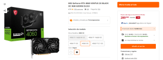 MSI GeForce RTX 4060 VENTUS 2X BLACK OC 8GB GDDR6 DLSS3 por 284,99€