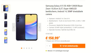 Samsung Galaxy A15 5G - 128GB voor €158,99 bij Nbb