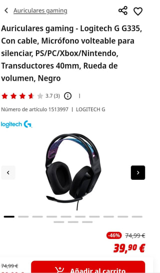 Logitech G G335 Auriculares Gaming con Cable por 39,90€.